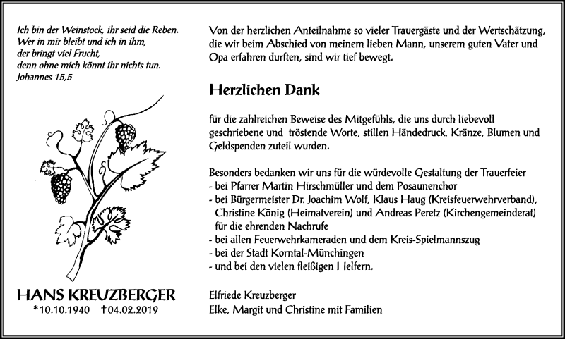  Traueranzeige für Hans Kreuzberger vom 21.02.2019 aus Leonberger Kreiszeitung / Strohgäu Extra