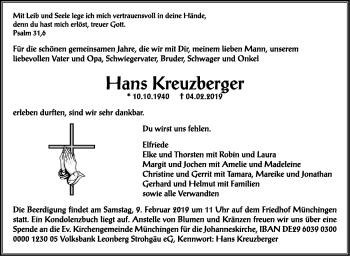 Traueranzeige von Hans Kreuzberger von Leonberger Kreiszeitung / Strohgäu Extra