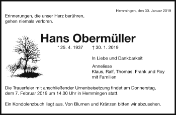 Traueranzeige von Hans Obermüller von Leonberger Kreiszeitung / Strohgäu Extra
