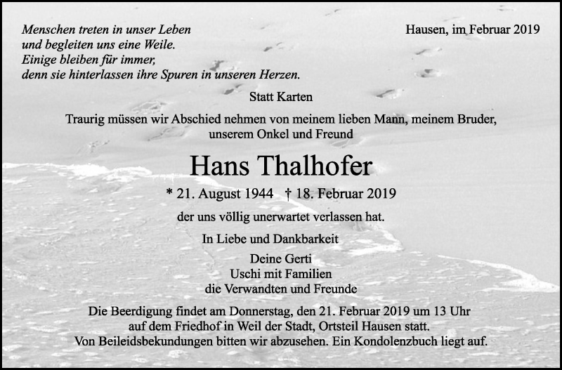  Traueranzeige für Hans Thalhofer vom 20.02.2019 aus Leonberger Kreiszeitung / Strohgäu Extra