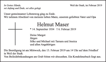 Traueranzeige von Helmut Maser von Leonberger Kreiszeitung / Strohgäu Extra