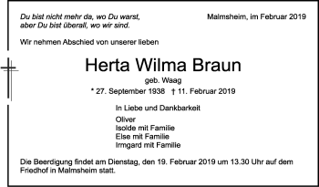 Traueranzeige von Herta Wilma Braun von Leonberger Kreiszeitung / Strohgäu Extra