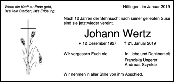 Traueranzeige von Johann Wertz von Leonberger Kreiszeitung / Strohgäu Extra