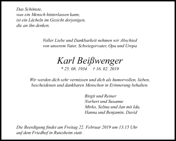 Traueranzeige von Karl Beißwenger von Leonberger Kreiszeitung / Strohgäu Extra