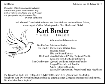 Traueranzeige von Karl Binder von Leonberger Kreiszeitung / Strohgäu Extra