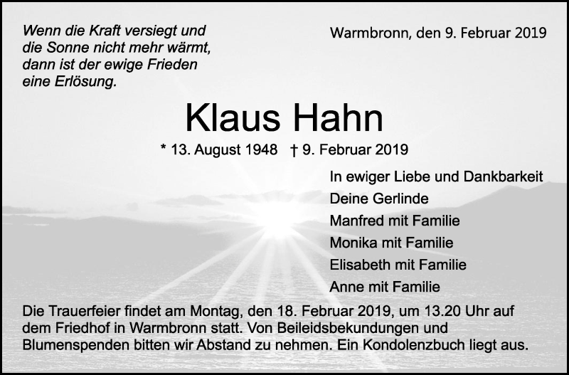  Traueranzeige für Klaus Hahn vom 16.02.2019 aus Leonberger Kreiszeitung / Strohgäu Extra
