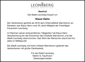 Traueranzeige von Klaus Hahn von Leonberger Kreiszeitung / Strohgäu Extra