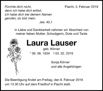 Traueranzeige von Laura Lauser von Leonberger Kreiszeitung / Strohgäu Extra