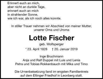 Traueranzeige von Lotte Fischer von Leonberger Kreiszeitung / Strohgäu Extra