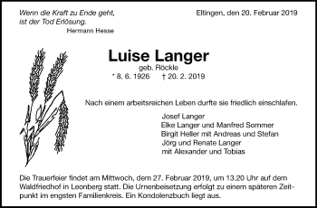 Traueranzeige von Luise Langer von Leonberger Kreiszeitung / Strohgäu Extra