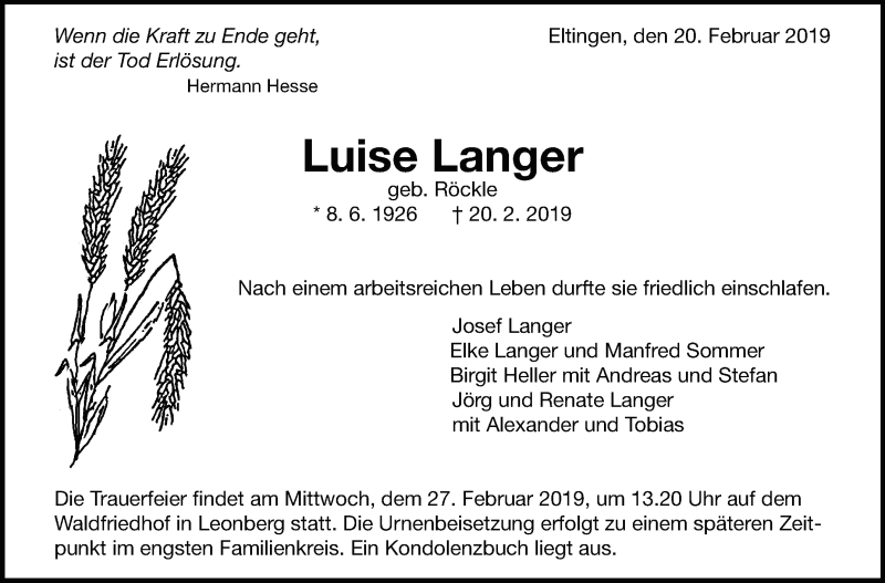  Traueranzeige für Luise Langer vom 23.02.2019 aus Leonberger Kreiszeitung / Strohgäu Extra