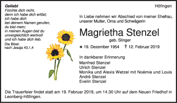 Traueranzeige von Magrietha Stenzel von Leonberger Kreiszeitung / Strohgäu Extra