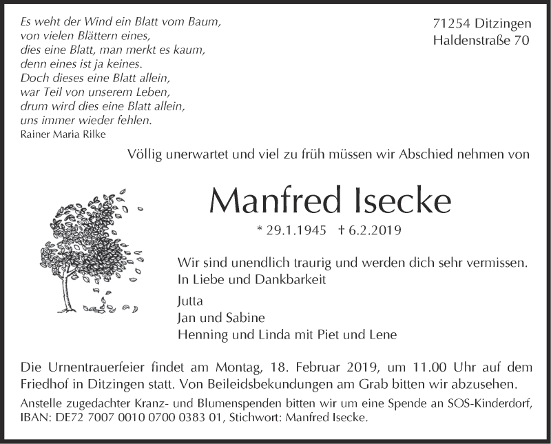 Traueranzeige für Manfred Isecke vom 09.02.2019 aus Leonberger Kreiszeitung / Strohgäu Extra