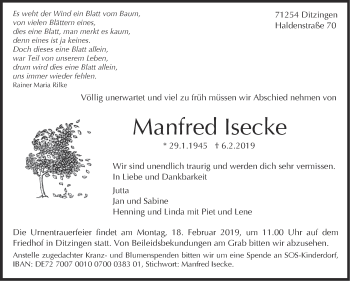 Traueranzeige von Manfred Isecke von Leonberger Kreiszeitung / Strohgäu Extra