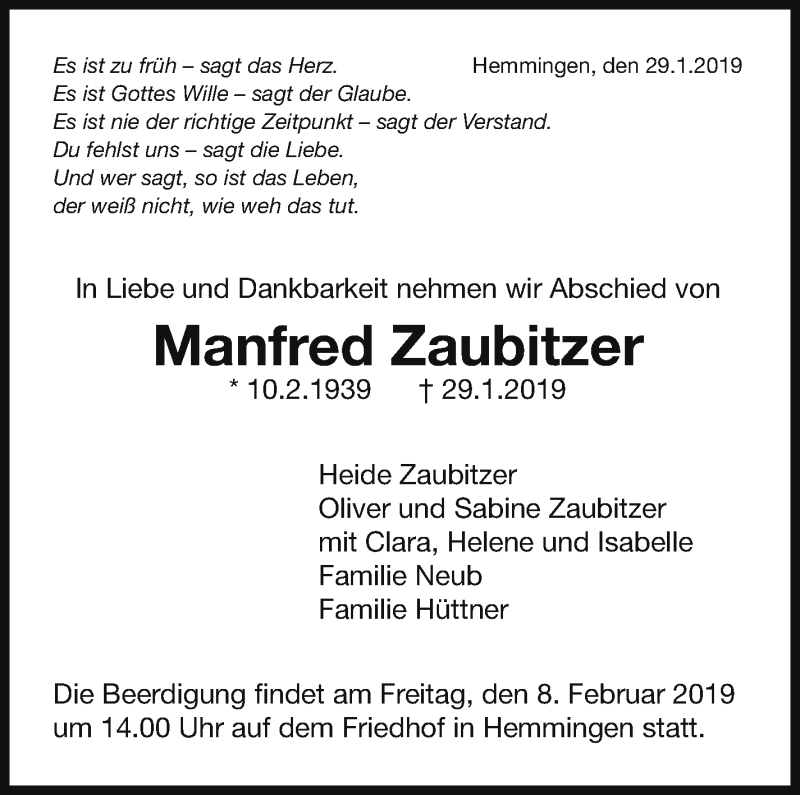  Traueranzeige für Manfred Zaubitzer vom 05.02.2019 aus Leonberger Kreiszeitung / Strohgäu Extra