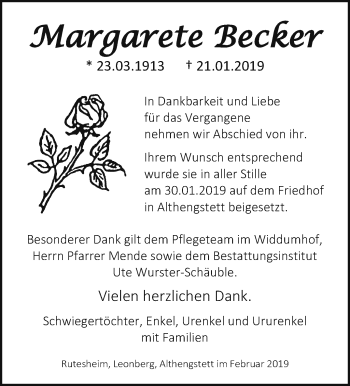Traueranzeige von Margarete Becker von Leonberger Kreiszeitung / Strohgäu Extra