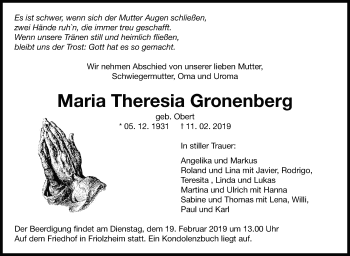 Traueranzeige von Maria Theresia Gronenberg von Leonberger Kreiszeitung / Strohgäu Extra