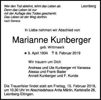Traueranzeige von Marianne Kunberger von Leonberger Kreiszeitung / Strohgäu Extra