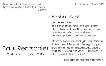 Traueranzeige von Paul Rentschler von Leonberger Kreiszeitung / Strohgäu Extra
