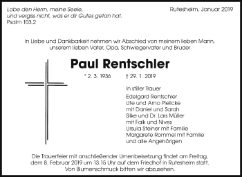Traueranzeige von Paul Rentschler von Leonberger Kreiszeitung / Strohgäu Extra