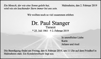 Traueranzeige von Paul Stanger von Leonberger Kreiszeitung / Strohgäu Extra
