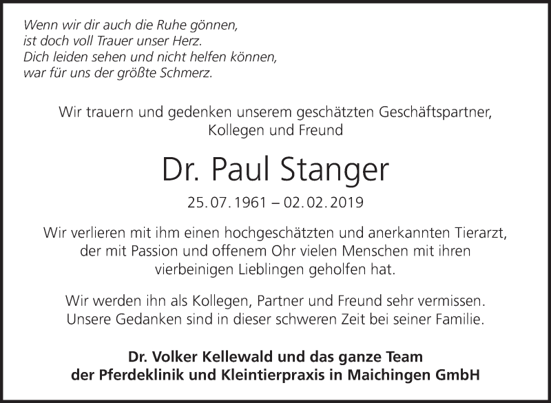  Traueranzeige für Paul Stanger vom 06.02.2019 aus Leonberger Kreiszeitung / Strohgäu Extra
