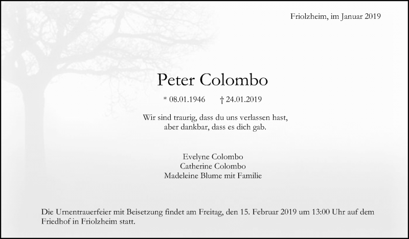  Traueranzeige für Peter Colombo vom 12.02.2019 aus Leonberger Kreiszeitung / Strohgäu Extra