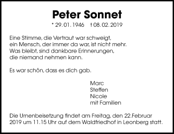 Traueranzeige von Peter Sonnet von Leonberger Kreiszeitung / Strohgäu Extra