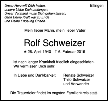 Traueranzeige von Rolf Schweizer von Leonberger Kreiszeitung / Strohgäu Extra