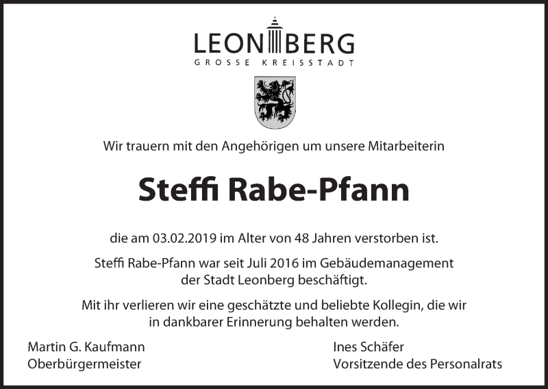  Traueranzeige für Steffi Rabe-Pfann vom 09.02.2019 aus Leonberger Kreiszeitung / Strohgäu Extra