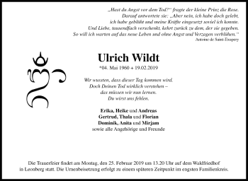 Traueranzeige von Ulrich Wildt von Leonberger Kreiszeitung / Strohgäu Extra
