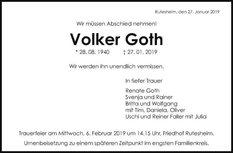  Traueranzeige für Volker Goth vom 01.02.2019 aus Leonberger Kreiszeitung / Strohgäu Extra