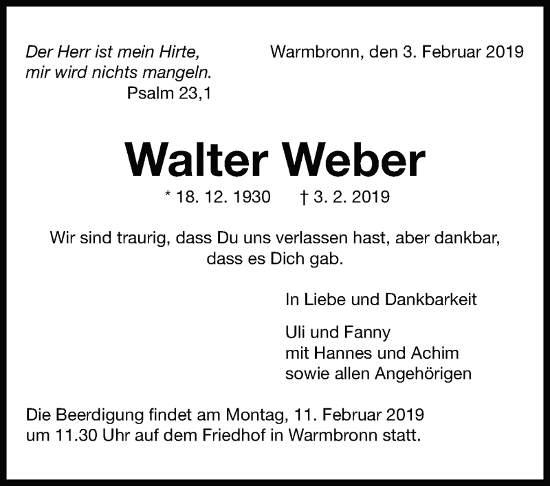 Traueranzeige für Walter Weber vom 06.02.2019 aus Leonberger Kreiszeitung / Strohgäu Extra