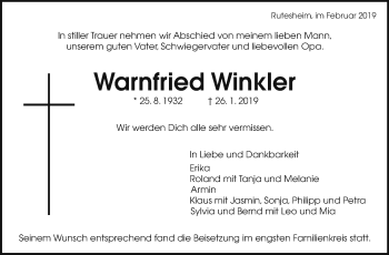 Traueranzeige von Warnfried Winkler von Leonberger Kreiszeitung / Strohgäu Extra