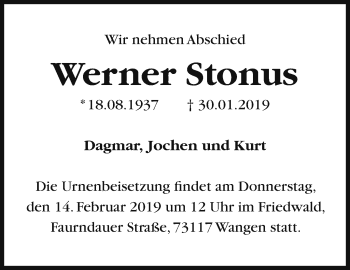 Traueranzeige von Werner Stonus von Leonberger Kreiszeitung / Strohgäu Extra