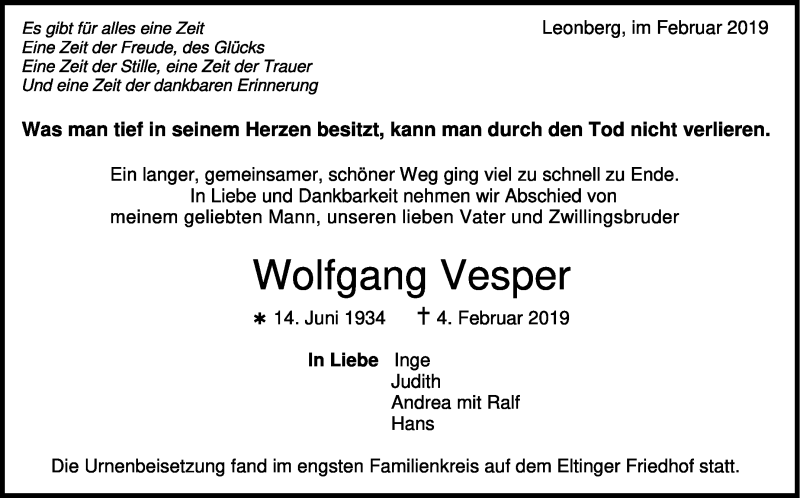  Traueranzeige für Wolfgang Vesper vom 25.02.2019 aus Leonberger Kreiszeitung / Strohgäu Extra
