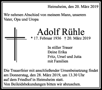 Traueranzeige von Adolf Rühle von Leonberger Kreiszeitung / Strohgäu Extra