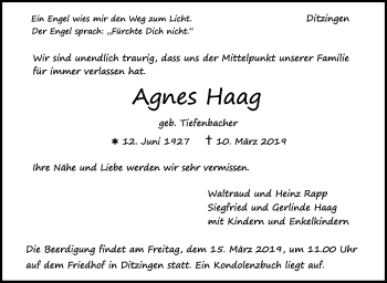 Traueranzeige von Agnes Haag von Leonberger Kreiszeitung / Strohgäu Extra