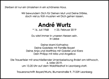 Traueranzeige von André Wurtz von Leonberger Kreiszeitung / Strohgäu Extra