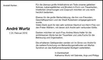 Traueranzeige von André Wurtz von Leonberger Kreiszeitung / Strohgäu Extra