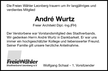 Traueranzeige von André Wurtz von Leonberger Kreiszeitung / Strohgäu Extra