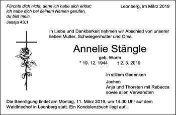 Traueranzeige von Annelie Stängle von Leonberger Kreiszeitung / Strohgäu Extra