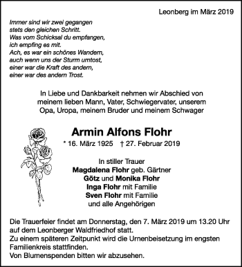 Traueranzeige von Armin Alfons Flohr von Leonberger Kreiszeitung / Strohgäu Extra
