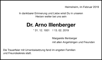 Traueranzeige von Arno Illenberger von Leonberger Kreiszeitung / Strohgäu Extra