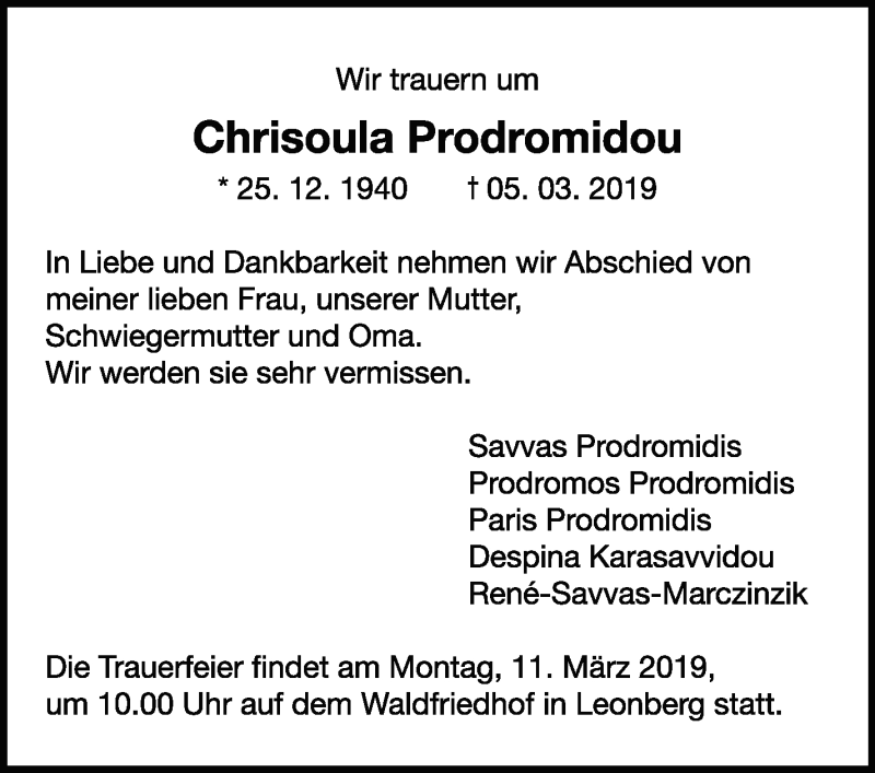  Traueranzeige für Chrisoula Prodromidou vom 08.03.2019 aus Leonberger Kreiszeitung / Strohgäu Extra