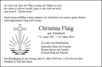 Traueranzeige von Christina Flaig von Leonberger Kreiszeitung / Strohgäu Extra