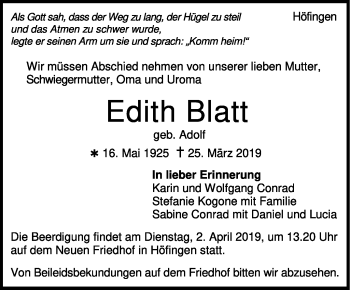 Traueranzeige von Edith Blatt von Leonberger Kreiszeitung / Strohgäu Extra
