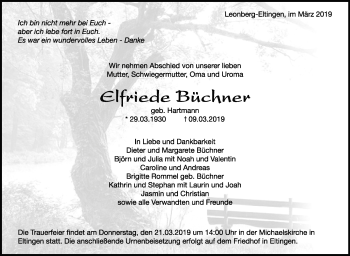 Traueranzeige von Elfriede Büchner von Leonberger Kreiszeitung / Strohgäu Extra