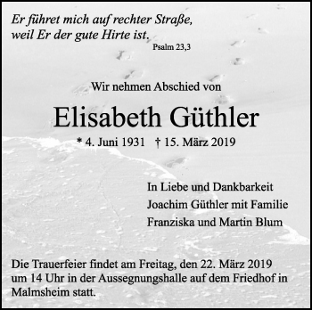 Traueranzeige von Elisabeth Güthler von Leonberger Kreiszeitung / Strohgäu Extra