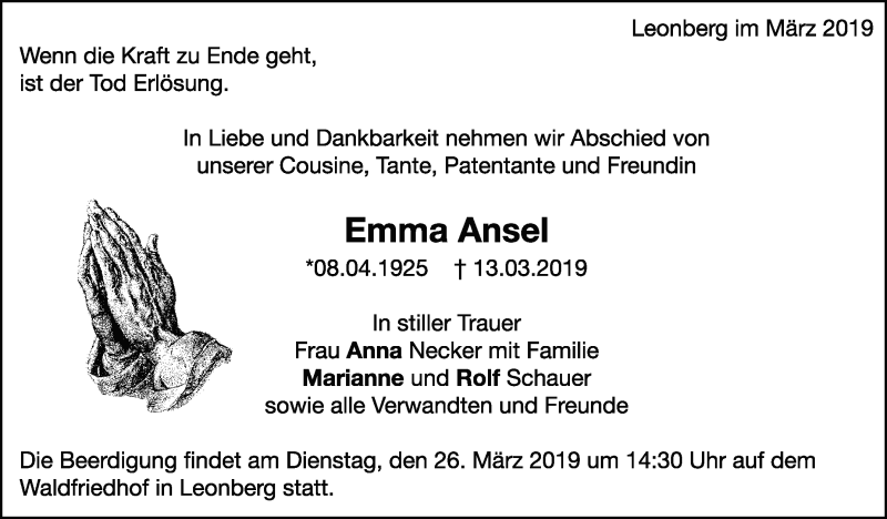  Traueranzeige für Emma Ansel vom 23.03.2019 aus Leonberger Kreiszeitung / Strohgäu Extra